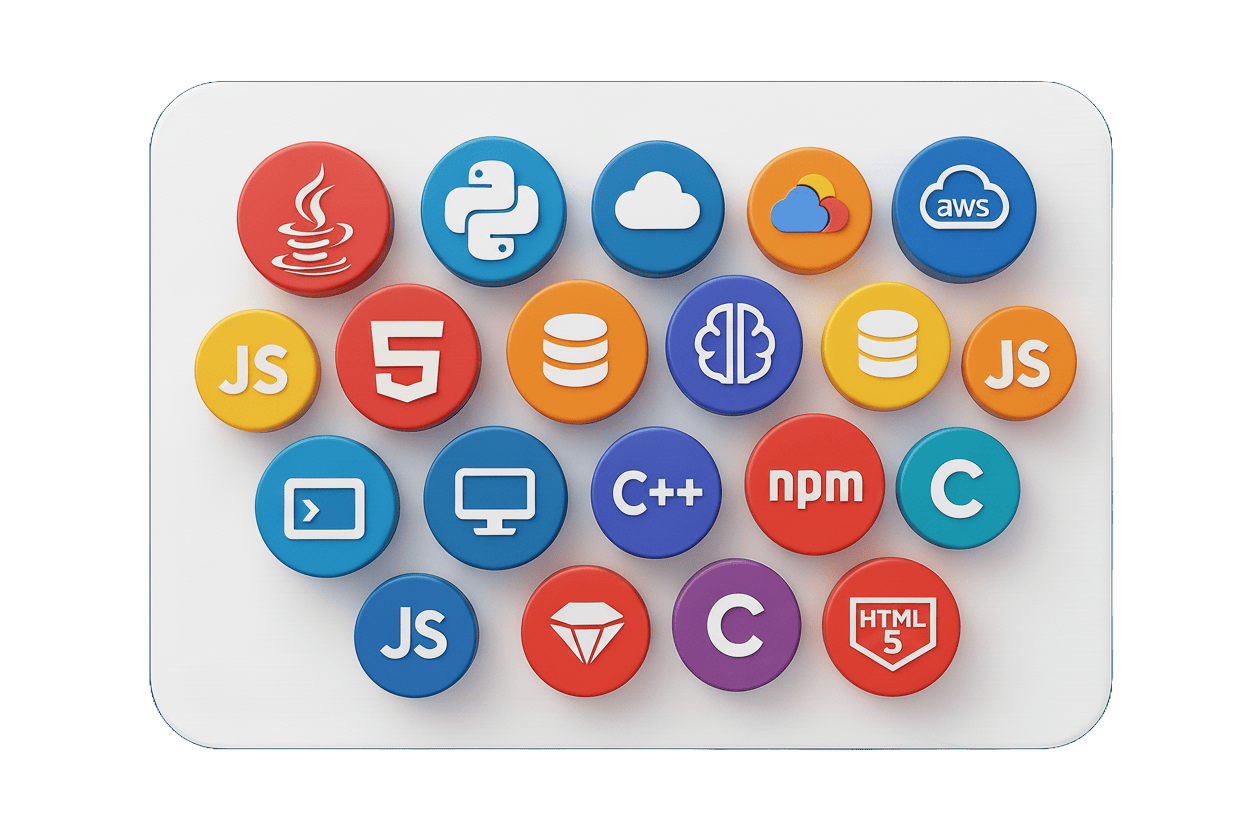 An artistic representation of various technology skill icons, such as code, data, and cloud, signifying a versatile assessment platform.